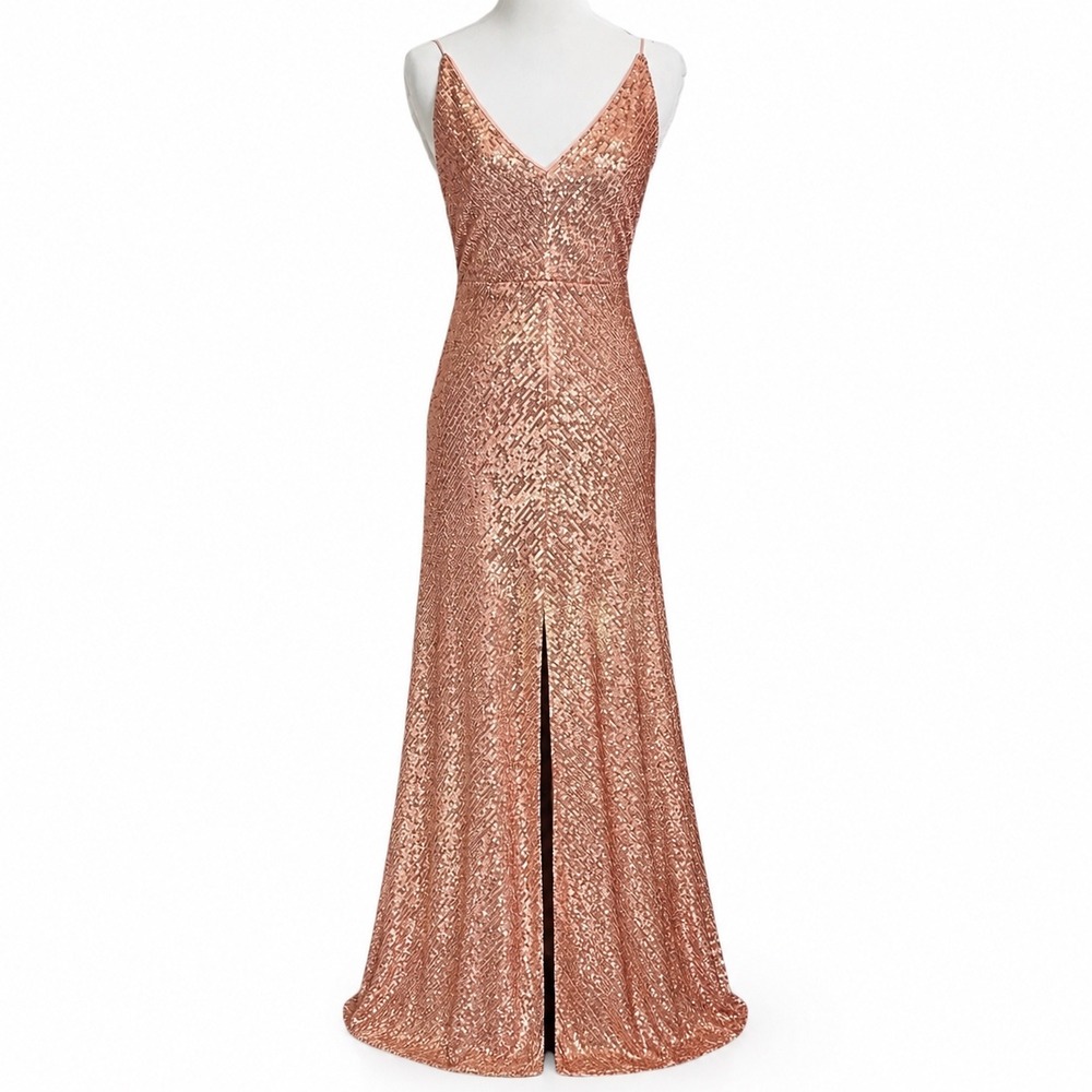 Jenny Yoo Collection Zelda Rose Gold Sequin V-Neck Maxi Gown Dress Size 0 Copper